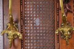 Ornate walnut beveled mirror hall tree with marble shelf and drawer; 68-6670