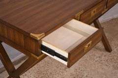Campaign style 3 drawer writing table with trestle base; 68-6716