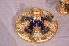 Pauly & Co. gold and floral painted cobalt blue glass punch bowl set; 191-597