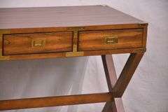 Campaign style 3 drawer writing table with trestle base; 68-6716
