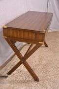 Campaign style 3 drawer writing table with trestle base; 68-6716