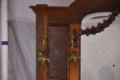 Ornate walnut beveled mirror hall tree with marble shelf and drawer; 68-6670