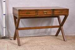 Campaign style 3 drawer writing table with trestle base; 68-6716