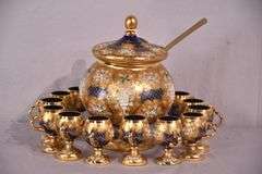 Pauly & Co. gold and floral painted cobalt blue glass punch bowl set; 191-597