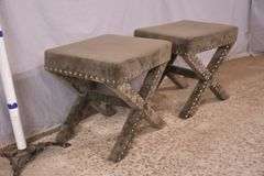 Pair of gray upholstered "X" base benches; 68-6717