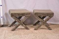 Pair of gray upholstered "X" base benches; 68-6717