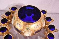 Pauly & Co. gold and floral painted cobalt blue glass punch bowl set; 191-597