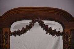 Ornate walnut beveled mirror hall tree with marble shelf and drawer; 68-6670