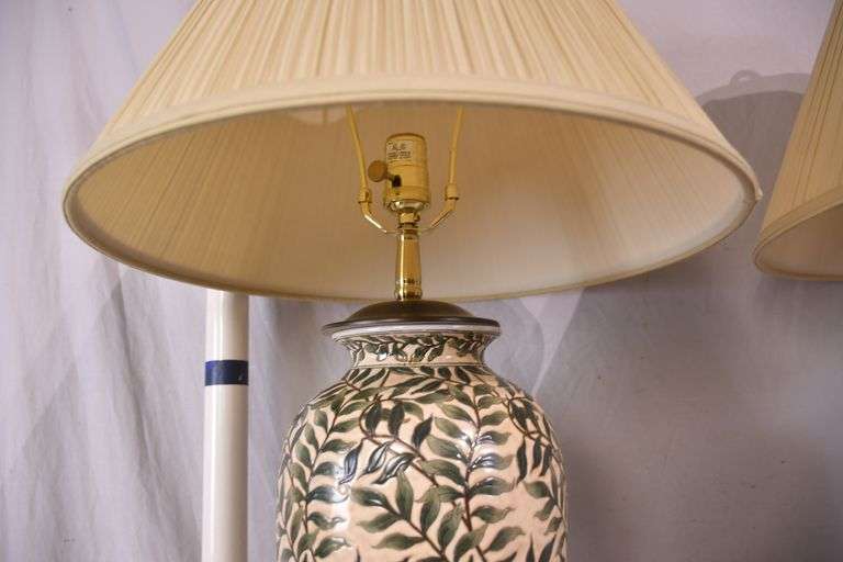 Pair of ceramic leaf-design lamps with shades; 68-6808