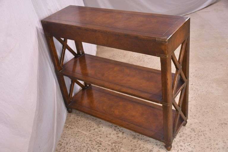 Campaign style three-tier bookcase console with 2 drawers; 68-6908