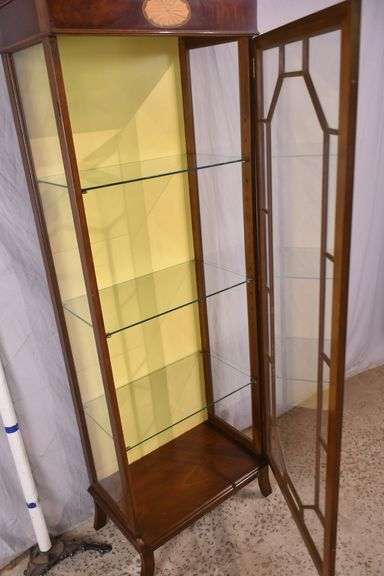 Tall narrow inlaid mahogany curio cabinet; 68-6863