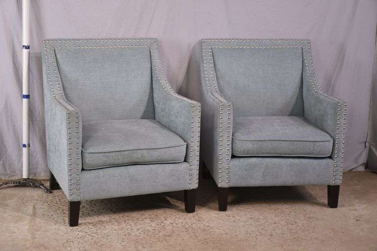 Pair of blue upholstered accent chairs with silver nail head trim; 68-6819