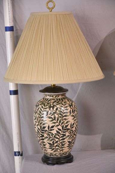 Pair of ceramic leaf-design lamps with shades; 68-6808