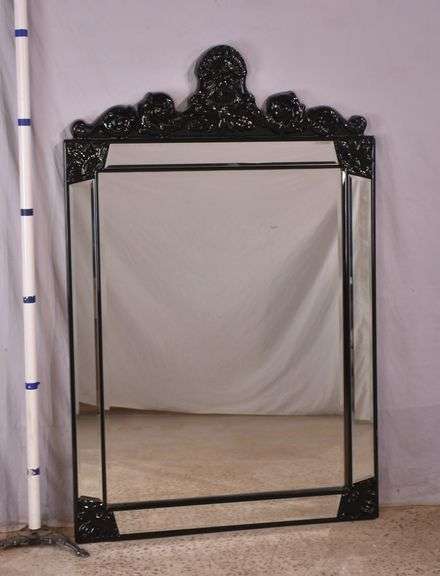 Large beveled mirror with black composite frame and beveled mirror trim; 1044-128