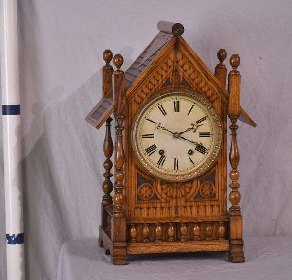 Winterhalder & Hofmeier Victorian era clock with carved oak case; 1086-017
