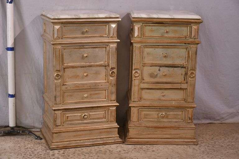 Pair of distressed silver stands with marble tops; 74-12765