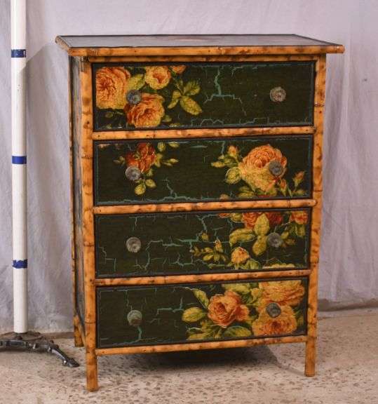 Decorated bamboo 4 drawer chest; 74-12796