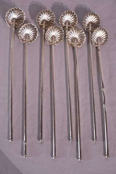 Set of 8 sterling silver shell-shaped sipper stirrers; 971-275
