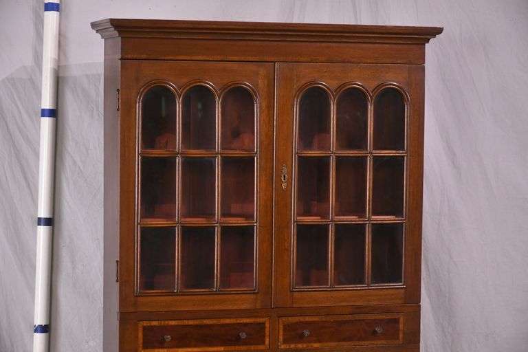 Early inlaid mahogany step-back secretary with flip-over writing board; 68-6992