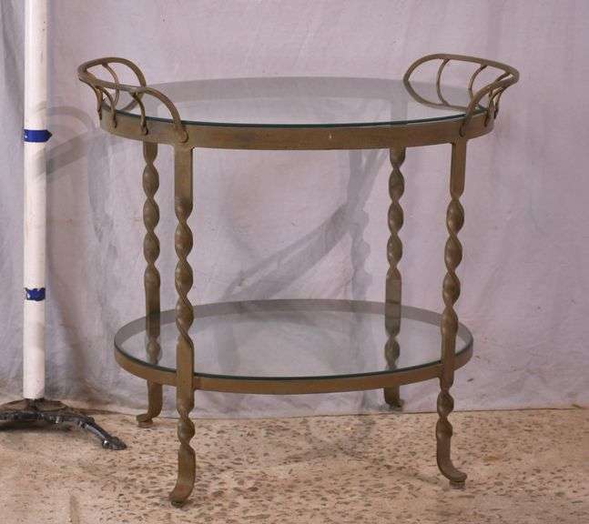 Oval two-tier iron server with glass top and shelf; 74-12789