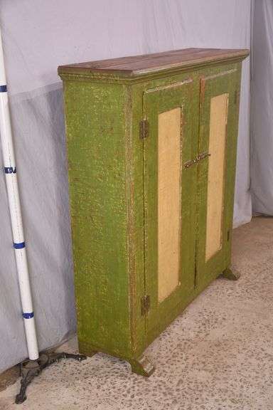 Early green and yellow distressed painted 2 door cupboard; 74-12760