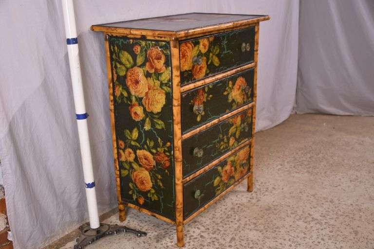 Decorated bamboo 4 drawer chest; 74-12796