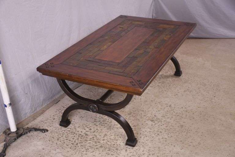 Large trestle base coffee table with slate tile accents on top; 21-2716