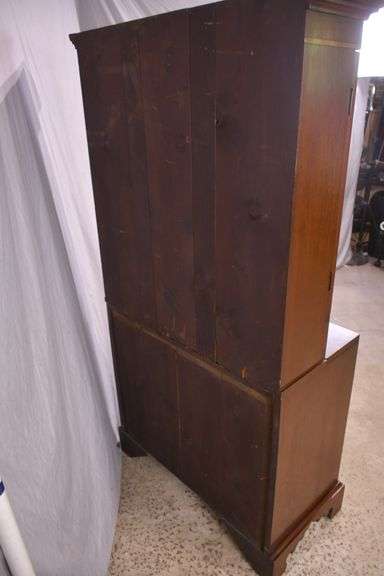 Early inlaid mahogany step-back secretary with flip-over writing board; 68-6992