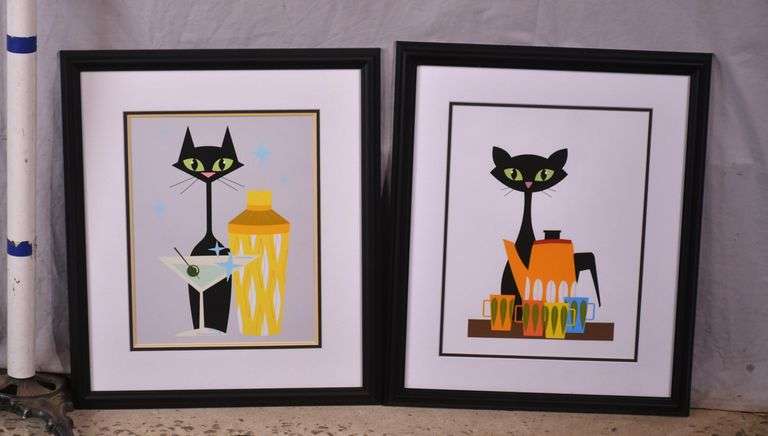 Two framed mid-century style atomic cat prints; 975-1809