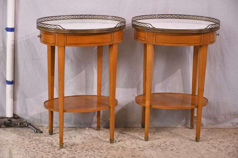 Pair of oval inlaid two-tier single drawer marble top side tables; 68-6885