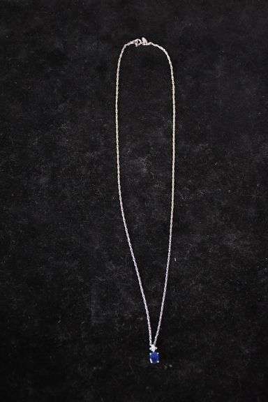 14kt white gold sapphire and diamond drop-pendant with Gorham sterling silver chain; 13227-007