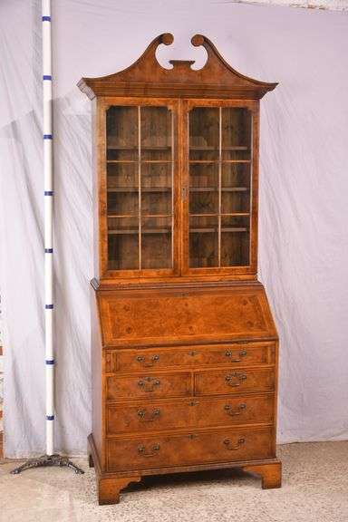 Inlaid burl walnut 2 part slant front secretary; 68-6921