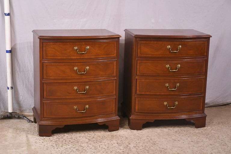 Pair of Ethan Allen inlaid mahogany 4 drawer bowfront bedside chests; 68-6897D
