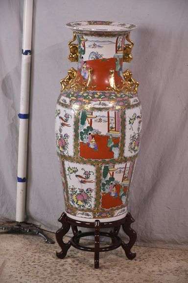 Large Oriental style ceramic floor vase with wooden stand; 68-6947