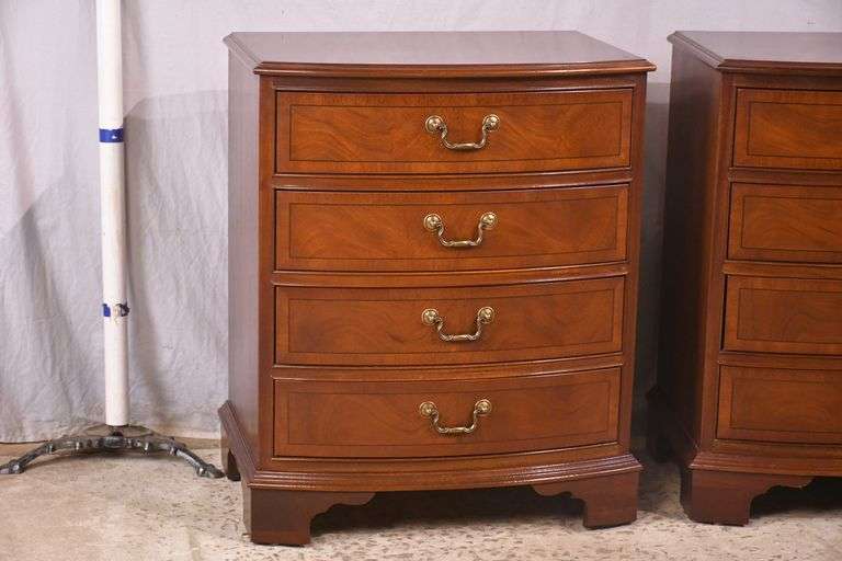 Pair of Ethan Allen inlaid mahogany 4 drawer bowfront bedside chests; 68-6897D