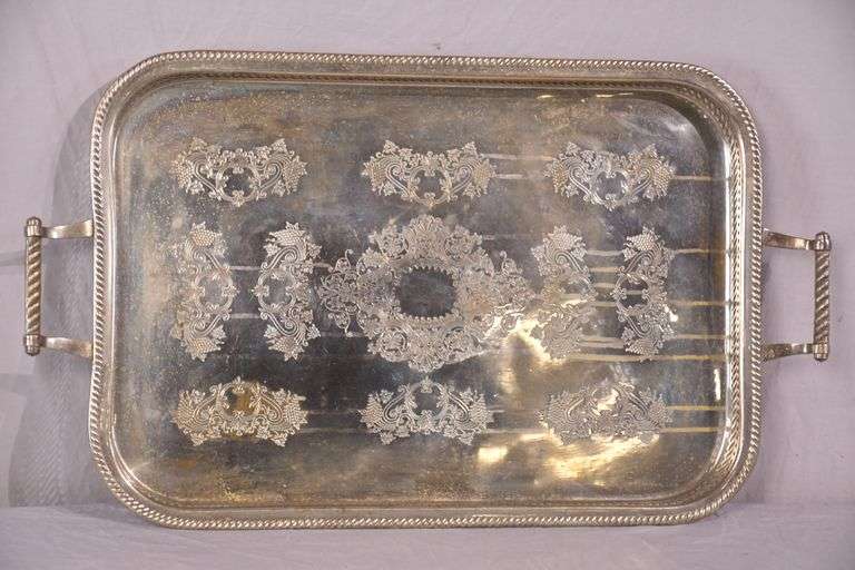 Large silverplate serving tray with reticulated gallery; 4171-022