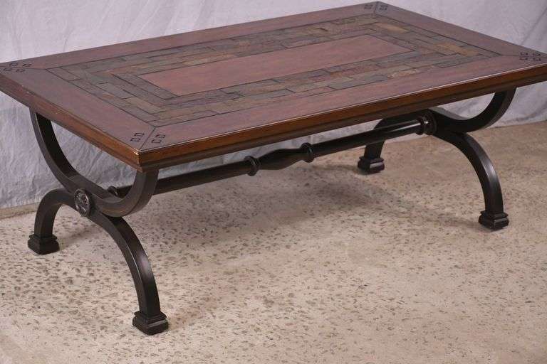 Large trestle base coffee table with slate tile accents on top; 21-2716