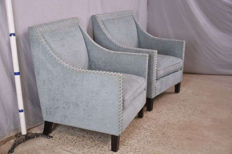Pair of blue upholstered accent chairs with silver nail head trim; 68-6819