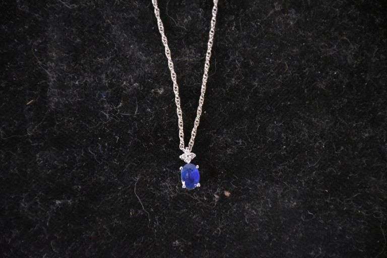 14kt white gold sapphire and diamond drop-pendant with Gorham sterling silver chain; 13227-007