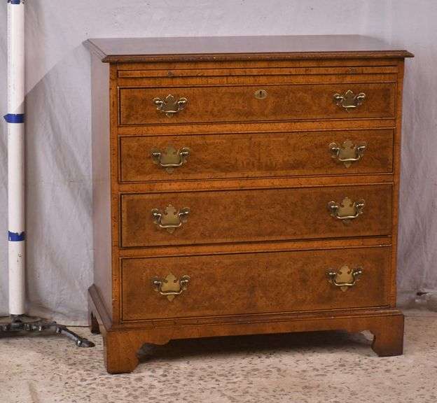 Baker burl walnut 4 drawer bachelor's chest with brushing slide; 68-6851