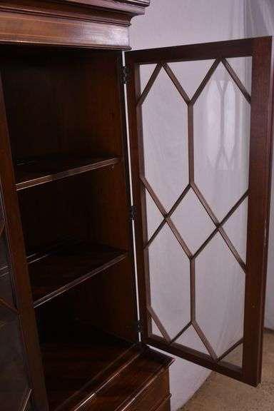 Inlaid crotch mahogany china cabinet; 74-12774