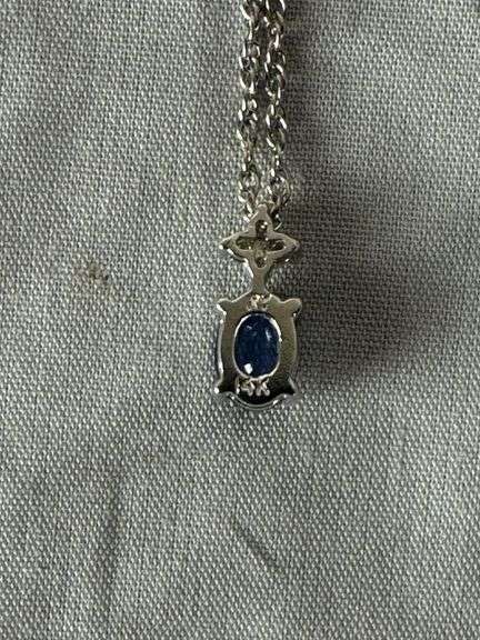 14kt white gold sapphire and diamond drop-pendant with Gorham sterling silver chain; 13227-007