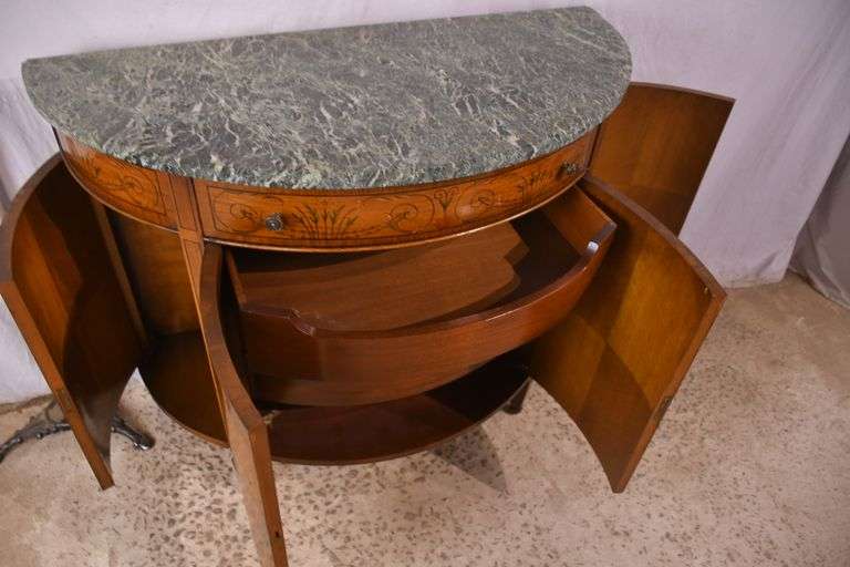 Butler Furniture decorated satinwood demilune server with marble top; 68-6581