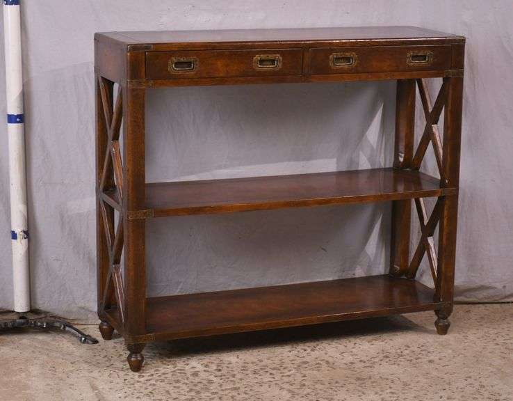 Campaign style three-tier bookcase console with 2 drawers; 68-6908