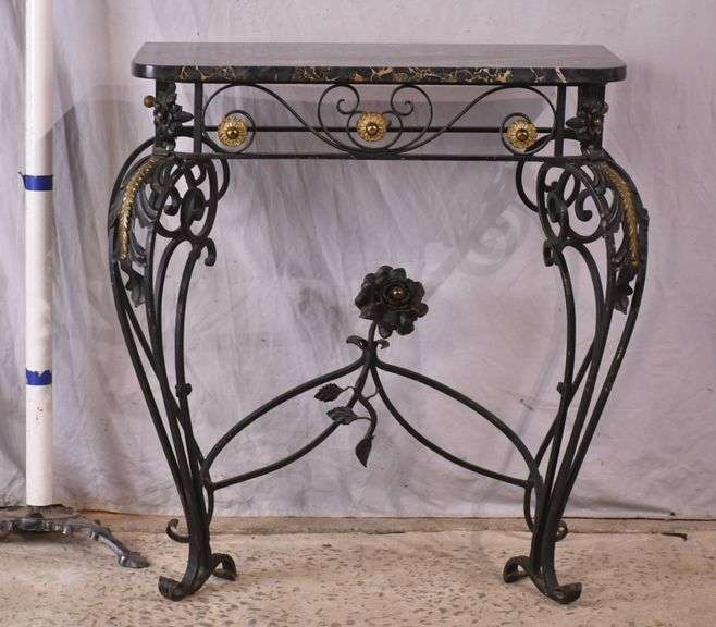 Black and gold iron console table with black marble top; 67-2712