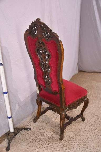 Carved oak high back accent chair with ornate stretcher base; 74-12804
