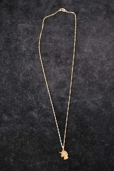R&B 10kt gold necklace with unicorn head pendant; 13227-020