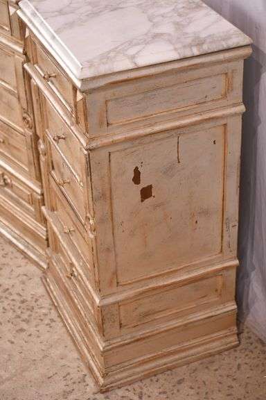 Pair of distressed silver stands with marble tops; 74-12765
