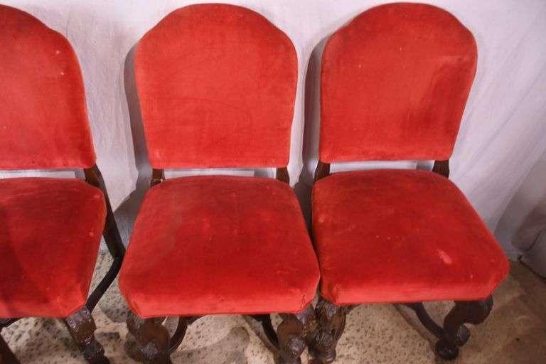 Set of 6 carved walnut dining chairs with red fabric; 74-12809E