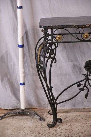 Black and gold iron console table with black marble top; 67-2712